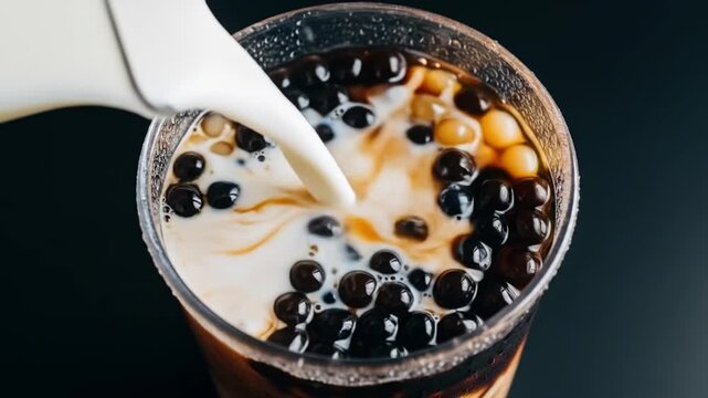 Closeup of milk being poured into a cup of bubble tea with dark brown and beige boba