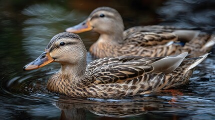 Obraz premium Two brown waterfowl swim closely together on dark rippling water
