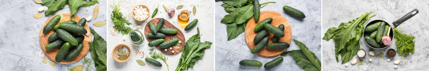 Collage with many cucumbers and ingredients for preservation on light background