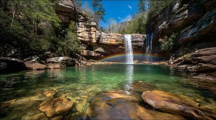 Plunging cascade creates vibrant spectrum over clear, emerald pool surrounded by rugged cliffs