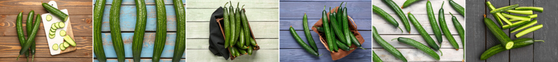 Collage with many fresh cucumbers