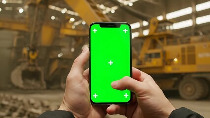Close-up of hands holding a smartphone with a green screen in an industrial setting.