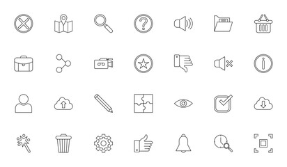 Material And Design icon set. Vector illustration pak. Includes symbols for Clse, Location, Search, Help Volume, Shopping basket, ettings, User, Star, and mre. Editable stroke.