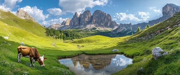 Cow grazes by mountain pool; rocky peaks backdrop