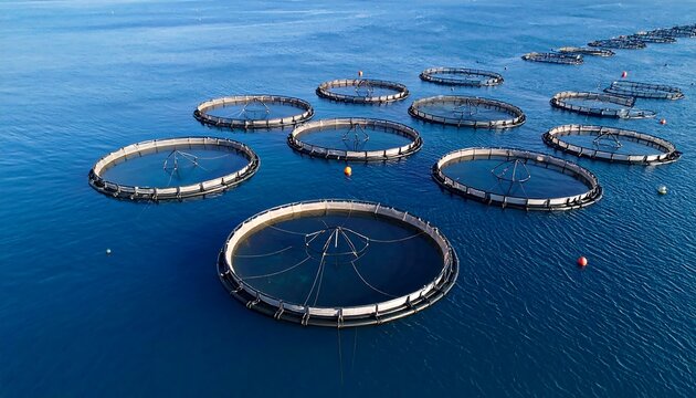 Aerial view of aquaculture fish farm cages in open ocean Sustainable seafood. - Powered by Adobe