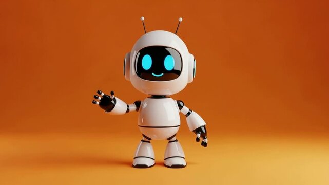 Friendly cartoon robot waving hello with bright blue eyes and antennas on a vibrant orange background futuristic A I character concept