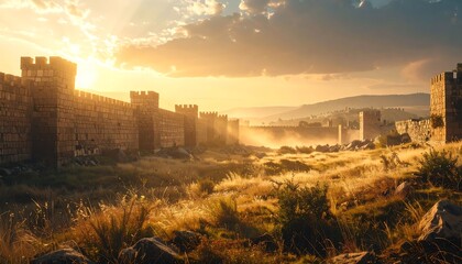 Obraz premium Ancient City Walls at Sunrise Historic Stone Fortress in Golden Light.