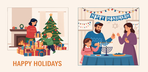 Festive Holiday Scenes Cozy Homes in Winter Settings with Snow and Gifts for a Cheerful Celebration