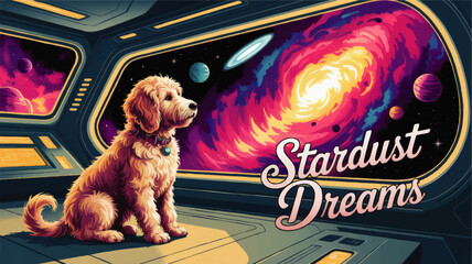 Adorable Dog in Spaceship Window Gazing at Colorful Galaxy, Stardust Dreams, Vibrant Space Art, Retro Futuristic Illustration