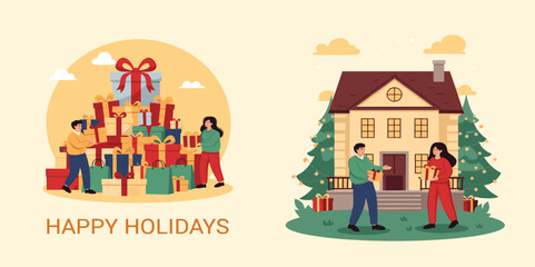 Holiday Celebrations Sharing Gifts & Festive Home Gatherings Illustration
