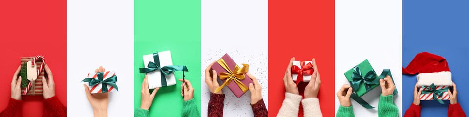 Set of hands with stylish Christmas gifts on color background, top view