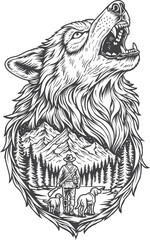 Wolf, Hunting and outdoor design black and white drawing.