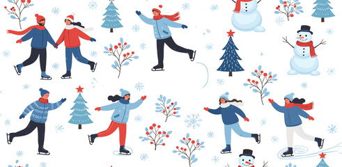 Winter Wonderland A Delightful Skating Scene with Snowflakes, People, and Festive Elements