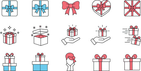 A versatile collection of flat line vector icons depicting various gift boxes, wrapped presents with bows, and delivery or unboxing scenarios, ideal for celebrations, holidays, and marketing campaigns