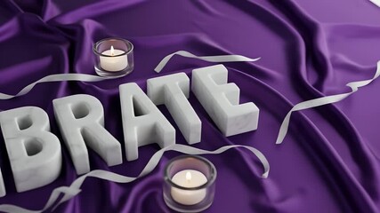 Celebrate message with marble letters on purple silk background, accented by ribbons and glowing candles. Perfect for party invites, event announcements, and festive promotions. - Powered by Adobe