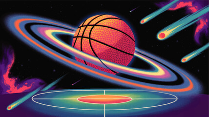 Vibrant Neon Basketball Planet in Outer Space with Colorful Rings and Shooting Stars, Surreal Sci-Fi Sports Concept Illustration