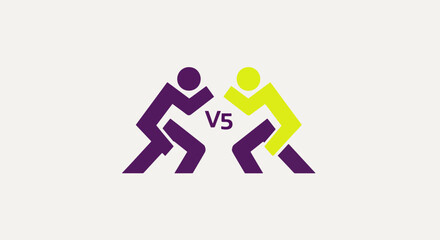 Two stylized figures in purple and yellow clash in a dynamic competition, symbolizing rivalry and strategic challenge with a bold V5 graphic.