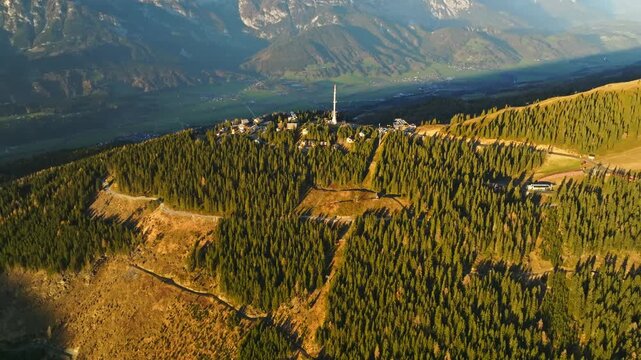 Aerial view of the mountain station with the transmission tower at Hauser Kaibling in Austria.