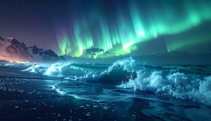 Naklejka premium Stunning Aurora Borealis Illuminates Icy Ocean Waves and Snow-Covered Mountains at Night.