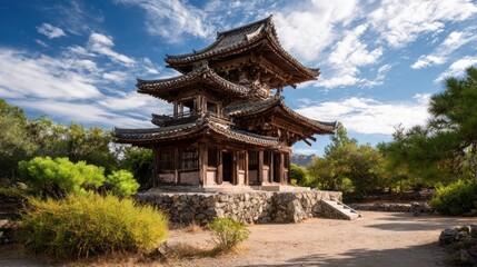 Obraz premium A multi-tiered wooden pagoda against a vibrant blue sky with scattered clouds, surrounded by lush greenery