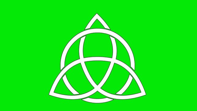 video animation drawing black and white celtic symbol triquette of the spiritual meaning of life, death and rebirth concept, on a green chroma key background