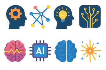 Autonomous Thinking flat icons: human head silhouette, gear inside, data network, glowing light, circuit path, brainwave, AI core, digital spark. , , High resolution, sharp