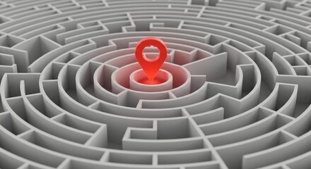 Red location pin in the center of a gray maze, symbolizing goal achievement and problem solving.