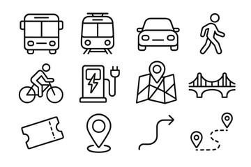 Integrated Transit outline icon set: bus, metro train, car, pedestrian, bicycle, charging hub, GPS signal, city map, bridge, ticket icon, location pin, arrow path. , , High