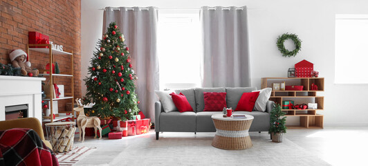Interior of living room with sofa, shelf units and Christmas trees