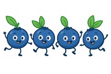 Four happy blueberry characters dancing, celebrating, and having fun together, showing joy and movement