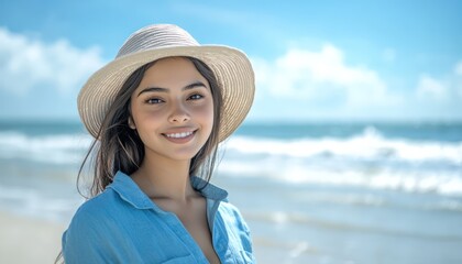 Smiling woman in sun hat on breezy beach