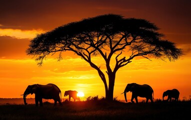 Elephants beneath acacia tree at sunset, African savanna