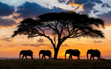 Elephants walk under acacia tree during sunset