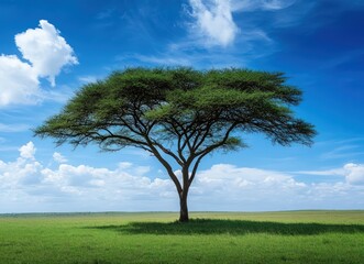 Single acacia tree on grassy plains, blue sky with clouds