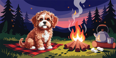 Cute Fluffy Dog by Campfire in Forest with Kettle and Marshmallows, Cozy Evening Camping Scene, Vector Illustration