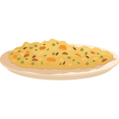 Pixel Art Style Illustration of a Plate Filled with Fried Rice and Mixed Vegetables Featuring Peas Carrots and Green Beans on a Subtle Beige Plate on a Transparent Background