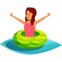Pixel Art Style Illustration of a Joyful Young Woman Wearing a Pink Tank Top Floating on a Bright Green Inner Tube in Blue Wavy Water Against a Transparent Background Celebrating Summer Vacation Joy