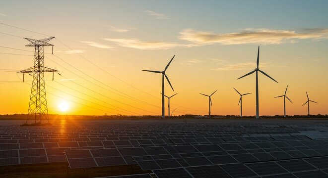 Renewable Energy Landscape: Solar Panels, Wind Turbines, and Power Lines at Sunset - A Vision of the Future