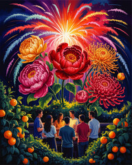 Vibrant Group Celebration with Fireworks, Giant Flowers, and Citrus Garden – Festive Night Gathering Illustration