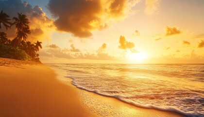 Tropical beach sunrise with golden clouds and gentle waves