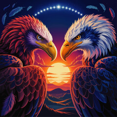 Majestic Colorful Eagles Facing Off at Sunset with Vibrant Feathers and Night Sky, Surreal Mountain Landscape Illustration