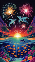 Vibrant Tropical Ocean Sunset with Fireworks, Sea Turtles, Dolphin, Coral Reef, and Colorful Fish – Vector Illustration