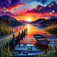 Tranquil Lake Sunset with Colorful Sky, Dragonflies, Wooden Dock, Rowboat, and Ducks in Vibrant Nature Landscape Illustration