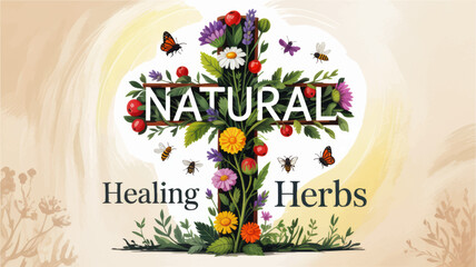 Natural Healing Herbs Illustration with Flowers, Bees, Butterflies on Pastel Background – Botanical Wellness Art Design