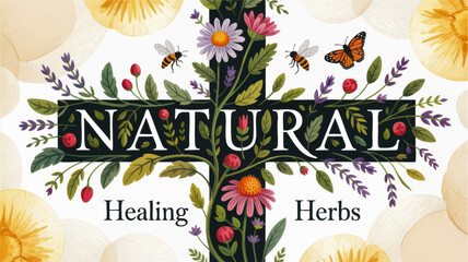 Natural Healing Herbs Botanical Illustration with Wildflowers, Bees, and Butterflies on Transparent Background for Organic Wellness