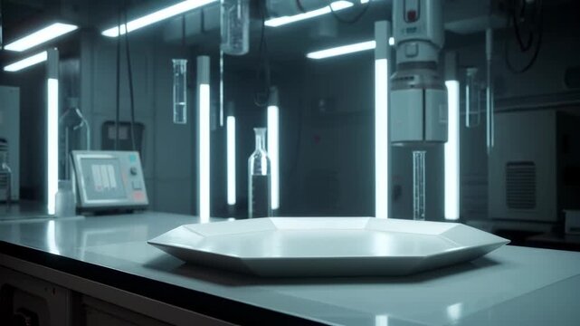 A clean and sterile futuristic laboratory interior with bright LED lighting. An empty white plate sits on the central table, surrounded by scientific equipment and screens.