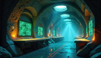 Bioluminescent organic server farm with glowing data conduits in a subterranean chamber. An expansive subterranean chamber housing a futuristic organic server farm. Bioluminescent elements within the