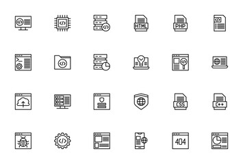 Programming And Development icon set. Vector illustrtion. Includes symbols forcode, database, web develoment, server, security, bu, mobile and more. Editabl stroke.
