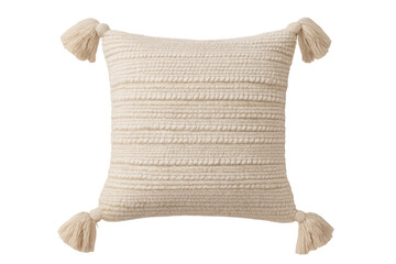 Knitted cream accent pillow with tassels adding comfort and texture to home decor, transparent background