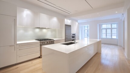 Fototapeta premium Modern minimalist kitchen with white cabinets and island.